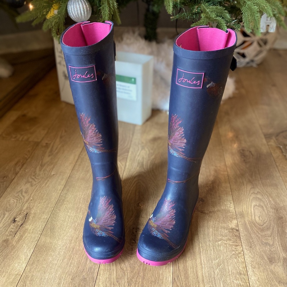 Joules Tall Navy & Pink Pheasants Rain Boots - Size 8